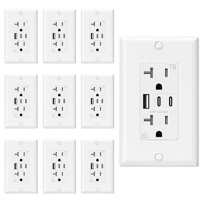 ELEGRP USB Outlets, 20 Amp Wall Outlet with 3 USB Ports, Dual USB C Ports Outlets, TR Tamper-Resistant USB Outlets Receptacles, Wall Plate Included, UL/CUL Listed, 10 Pack, White