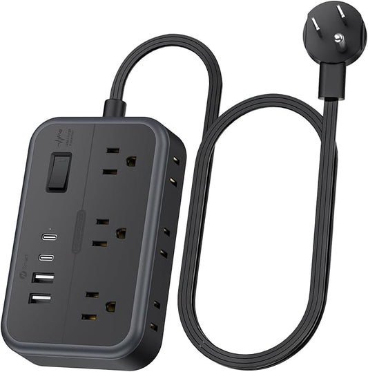 10 in 1Power Strip NTONPOWER Ultra Thin Flat Plug Extension Cord with 4 USB Ports(Include 2 USB C) Surge Protector Power Strip with Flat Cord 6 Widely Spaced Outlet(2 Side) 5 Ft Extension Cord-Black