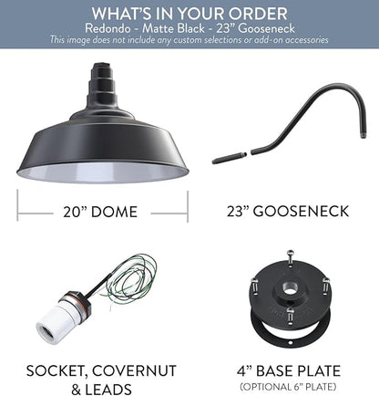 Steel Lighting Co. Large Outdoor Barn Light | Gooseneck Light Fixture | Made in America from 18-Gauge Steel | 20" Dome | 23" Gooseneck Matte Black Exterior/White Interior