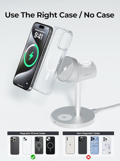 MagFusion 3-in-1 Charging Station Compatible with MagSafe, Qi2 Certified 15W Wireless Charger Stand, Magnetic Charger for iPhone 16/15/14/13/12, Apple Watch, AirPods, Silver