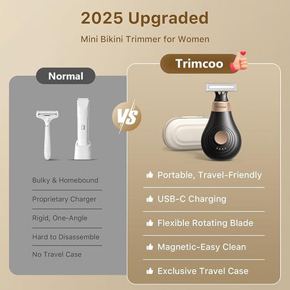 Trimcoo 2026 New Bikini Trimmer for Women - Small But Powerful Electric Razors, Intimate Pubic Hair/Lady Facial Painless Removal, USB-C Cordless Body Shaver for Trip, Replaceable Wet/Dry Blade, Black