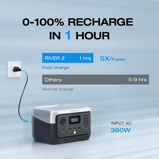 EF ECOFLOW Portable Power Station RIVER 2, 256Wh LiFePO4 Battery/ 1 Hour Fast Charging, 2 Up to 600W AC Outlets, Solar Generator (Solar Panel Optional) for Outdoor Camping/RVs/Home Use