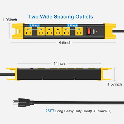 CCCEI Heavy Duty Power Strip Surge Protector - 6 Outlet Industrial Strip with 15A, 1200 Joules - ETL Listed Metal for Shop, Workshop, Garden (25FT, Black)