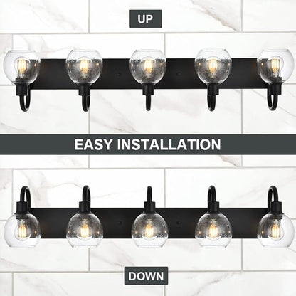 WINSHEN Bathroom Light Fixtures 5-Lights Matte Black Farmhouse Vanity Lighting with Seeded Globe Glass for Over Mirror