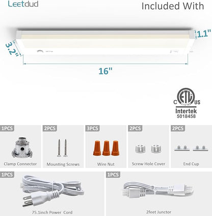 Leetdud Under Cabinet Lights Plug in or Hardwired Built-in Dimmer, 16 Inch 8W, 5CCT 2700K-5000K, Linkable Undercounter Lighting for Kitchen, ETL Dimmable LED Undercabient Light Fixture, White