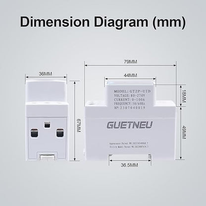 GUETNEU Digital Display Energy Meter Energy Tester Electricity Usage Monitor AC Rail-Mounted Meter GT2P-UID, AC 80~270V, 0~100A, 50/60Hz. Used to Measure AC Voltage, Current and Energy Consumption