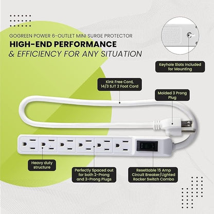 GoGreen Power Inc. (G-16103MIN-2) 6 Outlet Surge Protector, 2FT Cord, White, 2 Pack