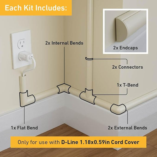 D-Line Medium Cable Raceway Accessory Pack, Join 1.18in x 0.59in Cord Cover Lengths, 10 Accessories Included, Hide Cords Around a Variety of Angles - Beige