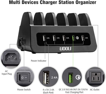 UDOLI 5 USB Ports Charging Station Organizer for Multiple Devices Fast Charging Desktop Stand for Apple Android Phone Tablet 1600W 2 AC Power Outlets Charger Dock for Home Office 3 Prong Cord Black