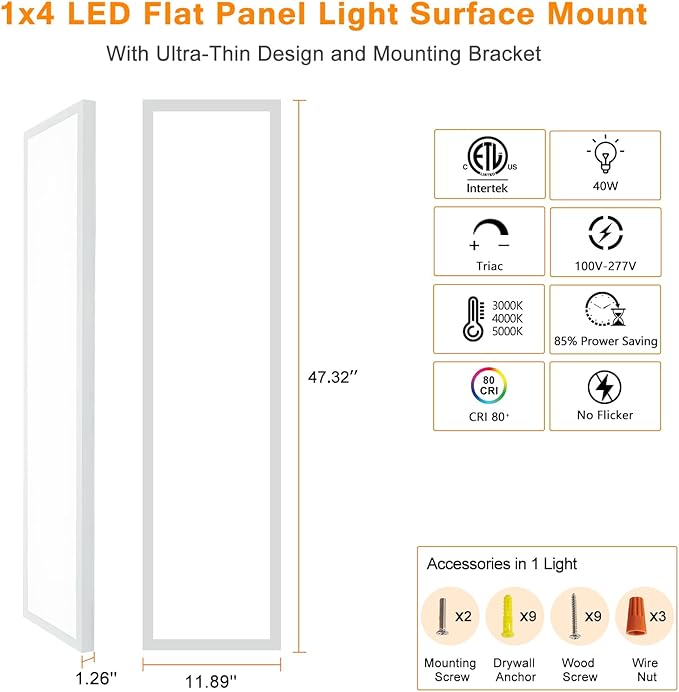 Mcacggo 1x4 LED Flat Panel Light Flush Mount 4-Pack, 3000K/4000K/5000K Selectable, Ultra-Thin Surface Mount LED Ceiling Light for Kitchen, Triac Dimmable, Bright 4400LM, 100-277V, White