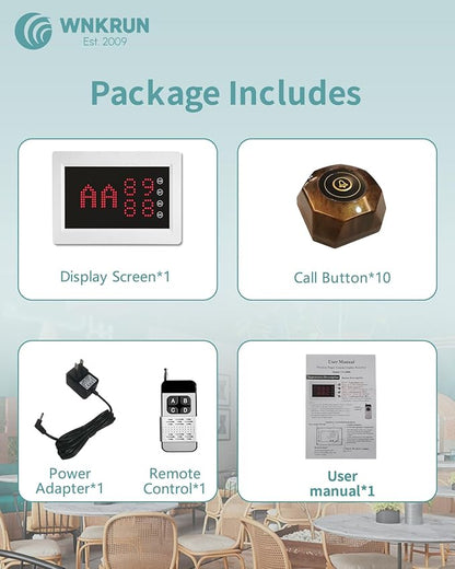 Restaurant Pager System Wireless Calling System with 1 Number Display and 10 Waterproof Call Buttons for Restaurant Bar Cafe Customer Service