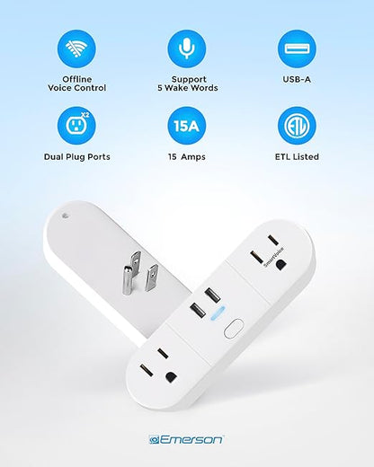Emerson SmartVoice 4-in-1 Wall Plug, Offline 30+ Voice Control Commands, No APP, No WiFi, No Setup, Smart Outlet w/ 2 AC Outlets, 2 USB-A Ports, Sleep & Wake Timer, ETL Listed