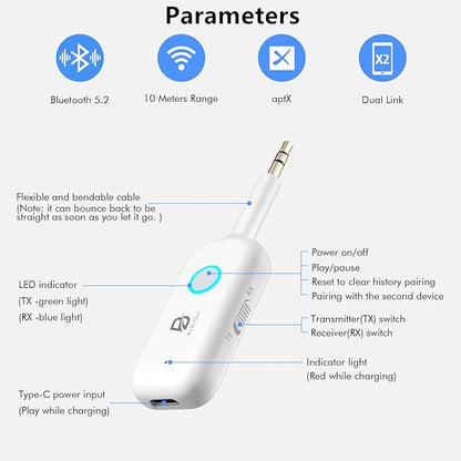 Bluetooth 5.2 Audio Transmitter Receiver for TV, Bluetooth Transmitter for Headphones, 2 BT Devices Connections, 3.5mm Jack Aux Airplane Headphone Adapter for Car/Home Stereo, White