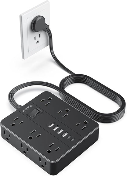 AOFO 10FT Surge Protector Power Strip,12 AC Outlets with 6 USB Ports (2 USB-C), Flat Plug Extension Cord with Multiple Outlets, Wall Mount for Home Office,Dorm,Black