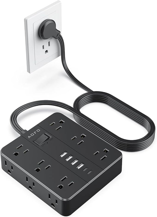 AOFO 10FT Surge Protector Power Strip,12 AC Outlets with 6 USB Ports (2 USB-C), Flat Plug Extension Cord with Multiple Outlets, Wall Mount for Home Office,Dorm,Black