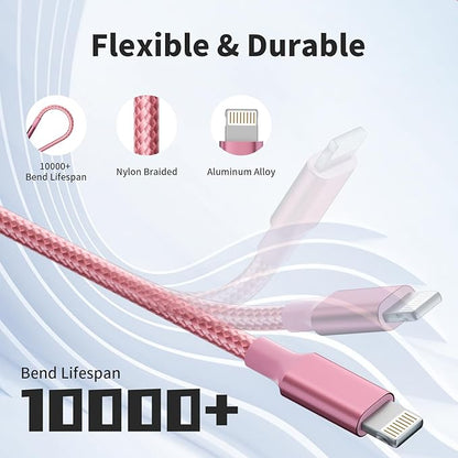 Multi Charging Cable,(2Pack 4FT) 3 in 1 Charging Cable for Multiple Devices, Nylon Braided Universal Charger Phone Charger Cord with Type-C,Micro USB,IP Port for iPhone16/15 Series/Phone&Pad-Pink