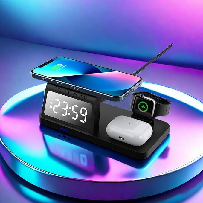 4-in-1 Wireless Charging Station with Clock Display, Compatible with iPhone, Apple Watch, AirPods, Black