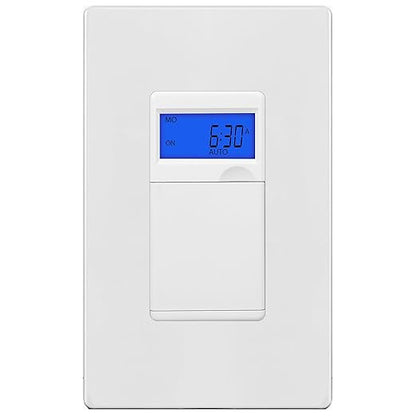 Enerlites 7 Days Digital in-Wall Programmable Timer Switch for Lights, Fans, and Motors, Single Pole, Neutral Wire Required, 18 ON/Off Timer Settings, with Blue Backlight, White, Screwless Wall Plate