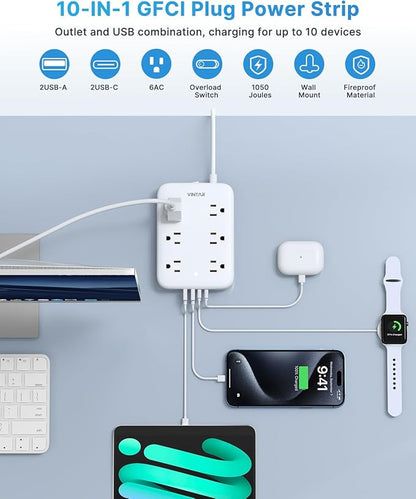 2 Prong GFCI Power Strip, VINTAR 2 Prong to 3 Prong GFCI Plug Adapter, 6ft Extension Cord with 6 Outlets & 4 USB(2 USB-C), 1050J Surge Protector, Polarized Plug Wall Mount for Non-Grounded Outlet