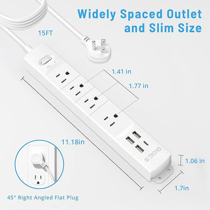TROND Surge Protector Power Strip with USB, Ultra Thin Flat Plug 15ft Long Extension Cord 1625W, 3 USB A & 1 Type C, 4 AC Outlets 1440J Surge Protection for Wall Mount for Home Office Dorm Room, White