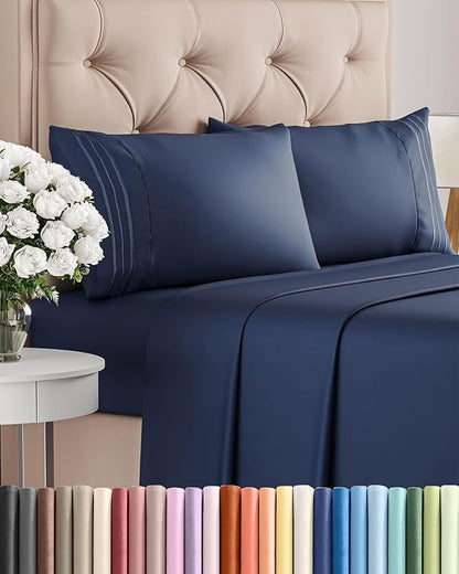 King Size 4 Piece Sheet Set - Comfy Breathable & Cooling Bed Sheets Set - Hotel Luxury Bedding for Women, Men, Kids, Teens, Boys & Girls - Deep Pockets, Ultra-Soft, Wrinkle Free - Oeko-Tex - Navy Blue