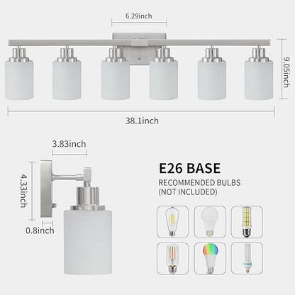 DIKAIDA 38" Bathroom Vanity Light, 6-Light Nickel Vanity Lights for Bathroom, Wall Sconce Lighting with Milky White Glass Shade, Wall Lights,Bath Vintage Wall Mounted Lamps for Mirror Bedroom