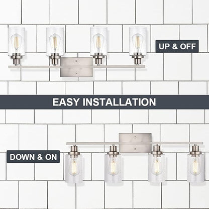 WINSHEN 4-Lights Modern Vanity Light Fixtures for Bathroom Over Mirror, Farmhouse 31-Inches Length Seeded Glass Bath Wall Sconce Lighting in Brushed Nickel