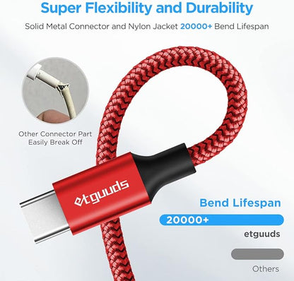 etguuds USB A to USB C Cable 6ft, 2-Pack, 3A Fast Charging Type C Charger Cord for iPhone 17 16 15 Pro Max 16e 17 Air, Samsung Galaxy S25 S24 S23 S22 S21 S20 A17 A16 A56 A55 Flip Fold, Red