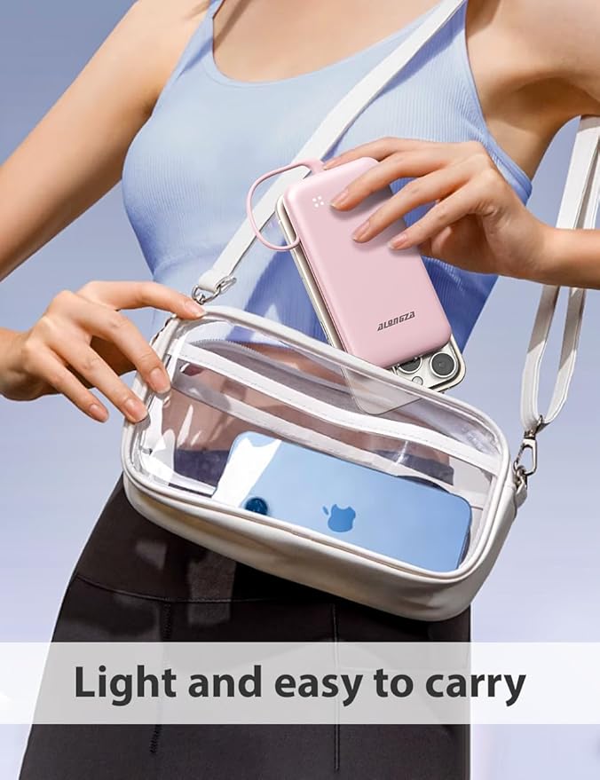 Alongza Portable Charger Built-in Cables and AC Wall Plug, Slim Fast Charging Power Bank 10000mAh, Lightweight USB C External Battery Pack Compact Travel Cell Phone Charger