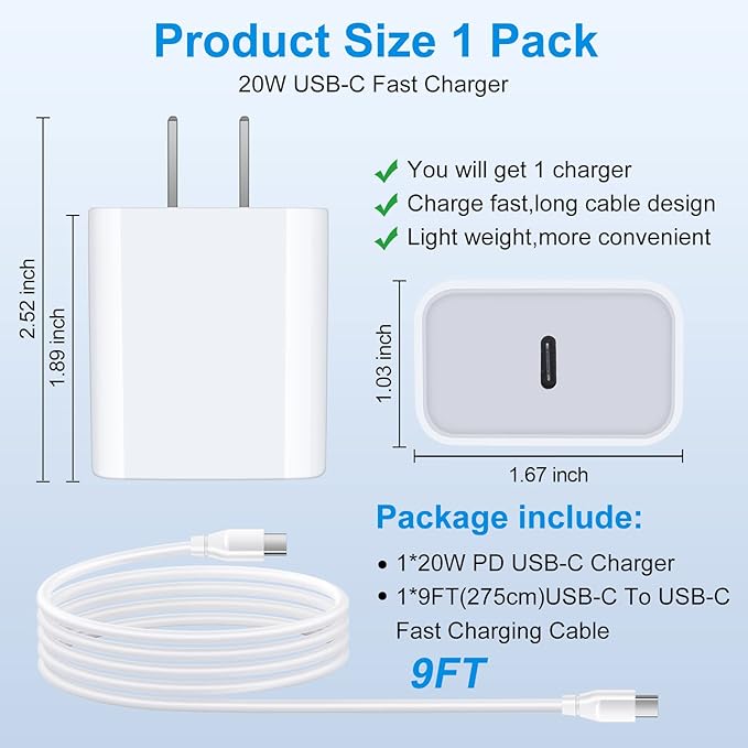 Samsung A16 Charger Fast Charging for Samsung Galaxy S25 S24 S23 S22 Ultra S21 S20 FE 5G A73 A55 A54 A53 A15 A14 A52 A42 A32 A23 A13 A12 A04 A03S,20W PD Charger Block & 9ft C Cable Charger