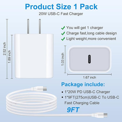 Samsung A16 Charger Fast Charging for Samsung Galaxy S25 S24 S23 S22 Ultra S21 S20 FE 5G A73 A55 A54 A53 A15 A14 A52 A42 A32 A23 A13 A12 A04 A03S,20W PD Charger Block & 9ft C Cable Charger