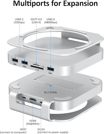 Akyyajaure Mac mini Hub: 10 in 1 Aluminum Stand & Dock for Mac mini M4 Pro with M.2 NVMe SSD Enclosure, 4K60hz HDMI, 10Gbps USB-A*2, SD/TF Card Readers, USB 2.0