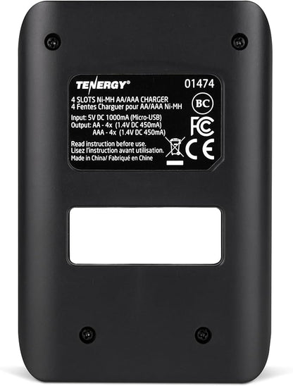 Tenergy TN474U 4-Bay NiMH/NiCD Battery Charger with LCD Display and USB Input, Portable Charger for AA/AAA NiMH and NiCD Batteries
