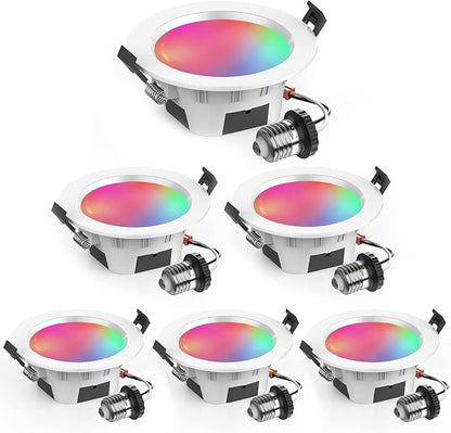 VANANCE 4" Smart Recessed Lighting 6 Pack, Dimmable, Multicolorred, 2700K~6500K, CRI80+, Color Changing Retrofit Bluetooth Mesh LED Ceiling Light, 4 Inch RGB Canless LED Downlight