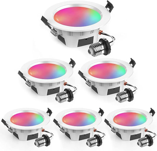 VANANCE 4" Smart Recessed Lighting 6 Pack, Dimmable, Multicolorred, 2700K~6500K, CRI80+, Color Changing Retrofit Bluetooth Mesh LED Ceiling Light, 4 Inch RGB Canless LED Downlight