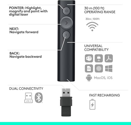 Logitech Spotlight Presentation Remote - Universal Wireless Presentation Clicker with Laser Pointer, Advanced Digital Highlighting, Bluetooth, 30 m Range and Quick Charging - Black
