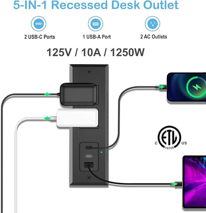 CCCEI Recessed Power Strip with Two USB-C Ports, Fast Charging USB A Port Desk Outlet, Black Furniture Hidden Charging Station for Side Table, End Table, with 6 FT 45 Degree Flat Plug Extension Cord.