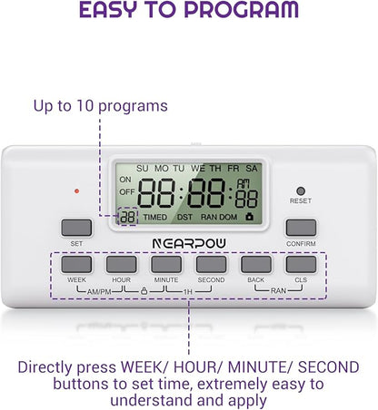 NEARPOW Digital Timer for Lamp with Dual Outlets, Programmable Timer in Door, Outlet Timers for Lights,10 On/Off Programs, 24-Hour and 7-Day Programmable Electric Plug Timers,3 Prong, 15A/1875W
