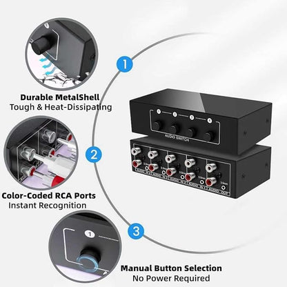 3.5mm Aux + RCA L/R Bi-Directional Stereo Audio Switch 4 in 1 Out A/B Analog Audio Switcher Selector No Power Need