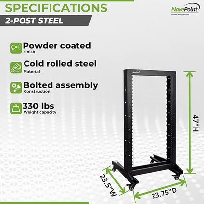 NavePoint 22U 2 Post Open Frame Server Rack with Casters for 19 Inch Equipment, Networking, and IT Devices, 2-Post Rack 330lbs Weight Capacity, Black