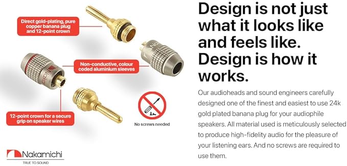 Nakamichi FanLock Excel Series 24k Gold Plated Banana Plugs 10 AWG - 18 AWG Gauge Size 4mm for Speakers Amplifier Hi-Fi Stereo Home Theatre Radio Audio Wire Cable Quick Connector, 12 Pcs (6-Pairs)