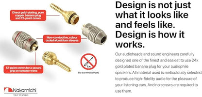 Nakamichi FanLock Excel Series 24k Gold Plated Banana Plugs 10 AWG - 18 AWG Gauge Size 4mm for Speakers Amplifier Hi-Fi Stereo Home Theatre Radio Audio Wire Cable Quick Connector 2 Pcs (1-Pair)
