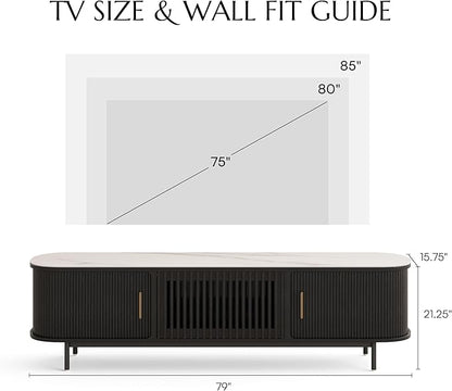 POVISON Fully-Assembled Mid Century Modern Black TV Stand with White Glossy Sintered Stone Tabletop & LED Lights, Rolling Door Media Console, Wood TV Console for Living Room