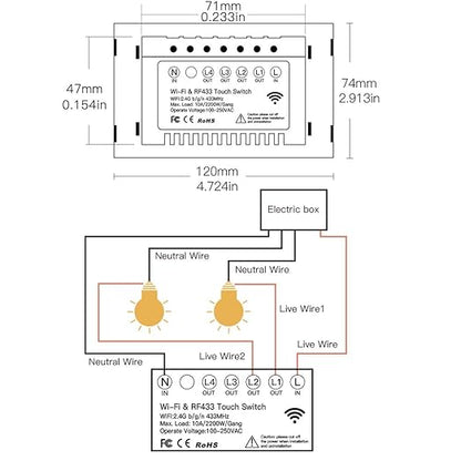 MOES 2.4GHz WiFi Wall Touch Smart Switch Neutral Wire Required, 3 Way Multi-Control, Glass Panel Light Switch Work with Smart Life/Tuya App, RF433 Remote Control, Alexa and Google Home Black 2 Gang