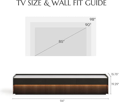 POVISON Fully-Assembled Mid Century Glossy Sintered Stone TV Stand, 94.49" Wood Media Console with Adjustable LED Light, Entertainment Center with Storage for Living Room