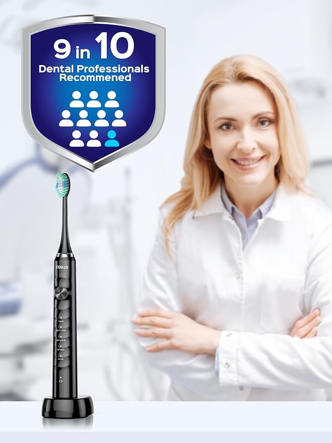COSLUS Sonic Electric Toothbrush for Adults: 47000 VPM for Deep Cleaning & Whitening with Travel Case - 5 Modes for Sensitive Teeth & Braces, Wireless Charging, 6 Brush Heads, Black & Green (2PCS)