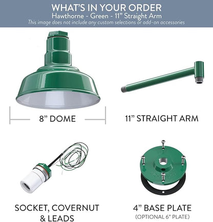 Steel Lighting Co. Hawthorne Barn Light | Outdoor Wall Mounted | 8 inch Dome | 11 inch Straight Arm| Small Farmhouse Light Made in America | Green Exterior/White Interior