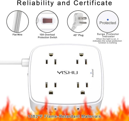 6 Ft Surge Protector Power Strip - YISHU 8 Widely Outlets with 4 USB Ports, 3 Side Outlet Extender with 6 Feet Flat Extension Cord, Ultra Flat Plug, Wall Mount, Desk USB Charging Station, ETL, White