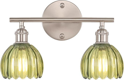 Shenmoyl Bathroom Light Fixtures, 2-Light Vanity Wall Light Over Mirror with Green Tulip Glass Shade for Bedroom Living Room (Bulb Not Included), Satin Nickel