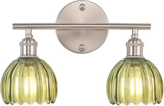 Shenmoyl Bathroom Light Fixtures, 2-Light Vanity Wall Light Over Mirror with Green Tulip Glass Shade for Bedroom Living Room (Bulb Not Included), Satin Nickel